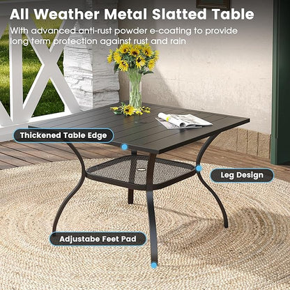 DIFY 5 Pieces Outdoor Patio Dining Set for 4, 37.8" Black Metal Square Dining Table and 4 Dark Grey Textilene Patio Swivel Chairs, Outdoor Table and Chairs