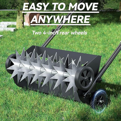 22.5-Inch Lawn Aerator with Weight Bag, Heavy Duty Push Spike Aerator with 4 Wheels, Aerator Lawn Tool with 42.2" Steel Handle, Manual Aerator Lawn Tool with Foam Armrests, for Lawn, Garden and Yard