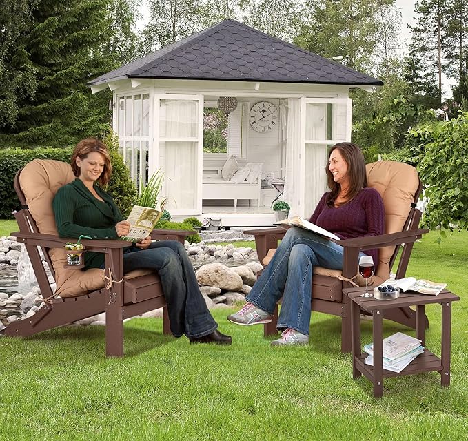 nalone Folding Adirondack Chair with Cushion with Cup Holder, HDPE Plastic Oversized Patio Chair Weather Resistant, Used in Outdoor, Fire Pit, Deck, Garden, Campfire Chairs