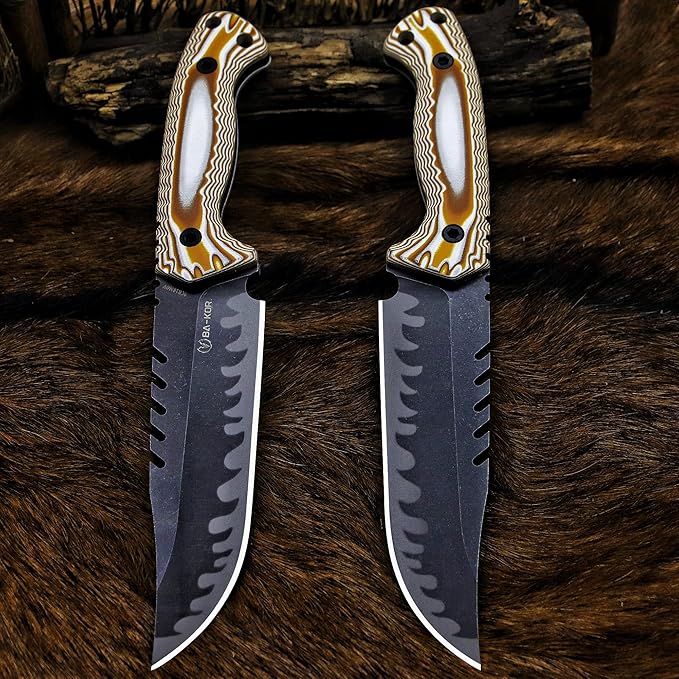 BA-KOR 12.4in Full Tang Fixed Blade Hunting Knife – 6mm 9CR18MoV Steel, G10 Handle, Stonewashed Sawback Blade with Kydex Sheath & Fire Starter for Outdoor, Camping, Survival (White and brown stripes)