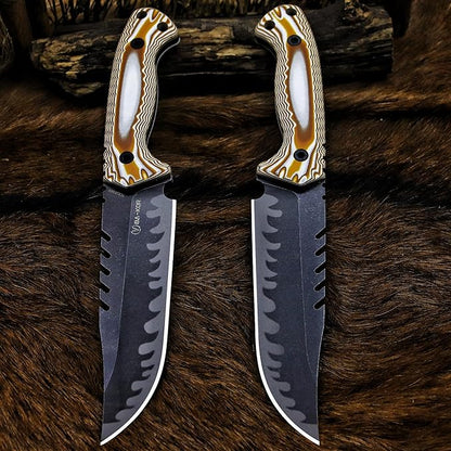 BA-KOR 12.4in Full Tang Fixed Blade Hunting Knife – 6mm 9CR18MoV Steel, G10 Handle, Stonewashed Sawback Blade with Kydex Sheath & Fire Starter for Outdoor, Camping, Survival (White and brown stripes)