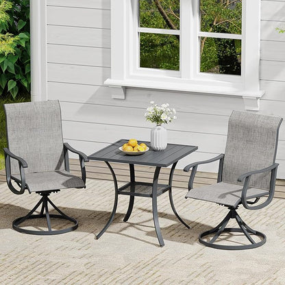 VICLLAX 3 Pieces Outdoor Dining Set, Patio Furniture Set of 2 Patio Swivel Dining Chairs and Small Dining Table with Storage Shelf, Grey Chairs & Dark Grey Frame