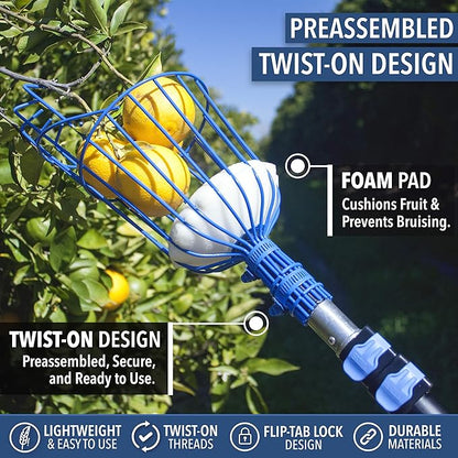 EVERSPROUT 4.5-to-12ft Durable Fruit Picker with 20+ Foot Reach – Telescoping Fruit Picker Pole, Lightweight Twist-On Fruit Picking Tool with Basket, Aluminium Extension Pole for Tree Fruit Harvesting
