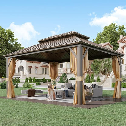 YOLENY 12' x 16' Gazebo Hardtop with Aluminum Frame,Galvanized Steel Double Roof Gazebos with Curtain and Netting,Outdoor Metal Pergolas for Garden, Lawn, Deck, Brown
