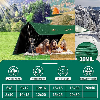Tarp 9x12 ft Heavy Duty 100% Waterproof 10mil,UV Resistant,Durable Grommets and Reinforced Edges Green/Black Tarp for Camping, Swimming Pools,Car Coverage -by MVPNET