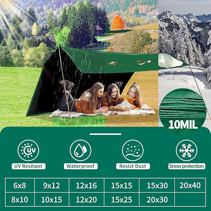 Tarp 15x15 ft Heavy Duty 100% Waterproof 10mil,UV Resistant,Durable Grommets and Reinforced Edges Green/Black Tarp for Camping, Swimming Pools,Car Coverage -by MVPNET