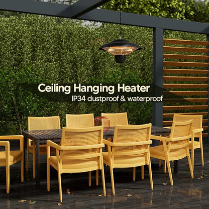 Patio Heater for Outdoor Use 1500W Electric Infrared Hanging Heater, Ceiling Mounted, Waterproof for Porch, Garage, Balcony, Overheat Protection Black