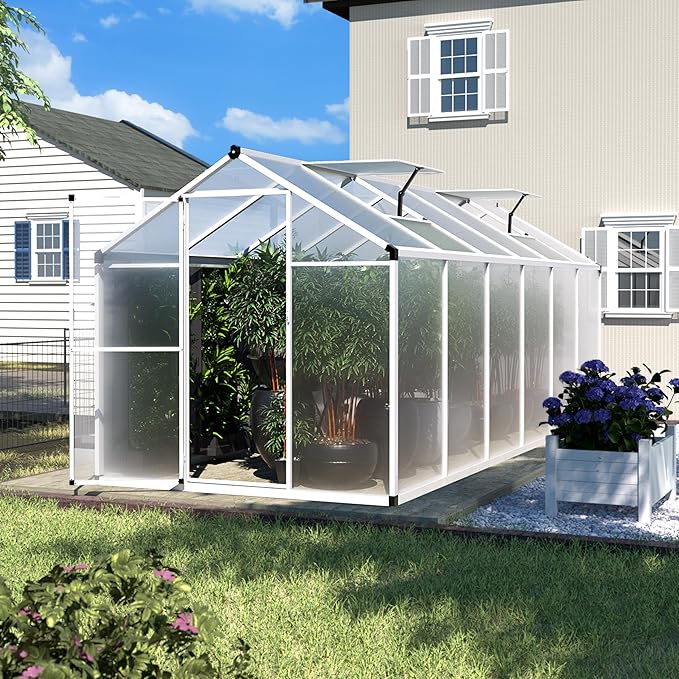 6' x12' Double-Wall Polycarbonate Aluminum Greenhouse Kit for Outdoor, Walk-in Greenhouse with Lockable Door and Adjustable Roof Vent, Backyard Garden in Winter, White