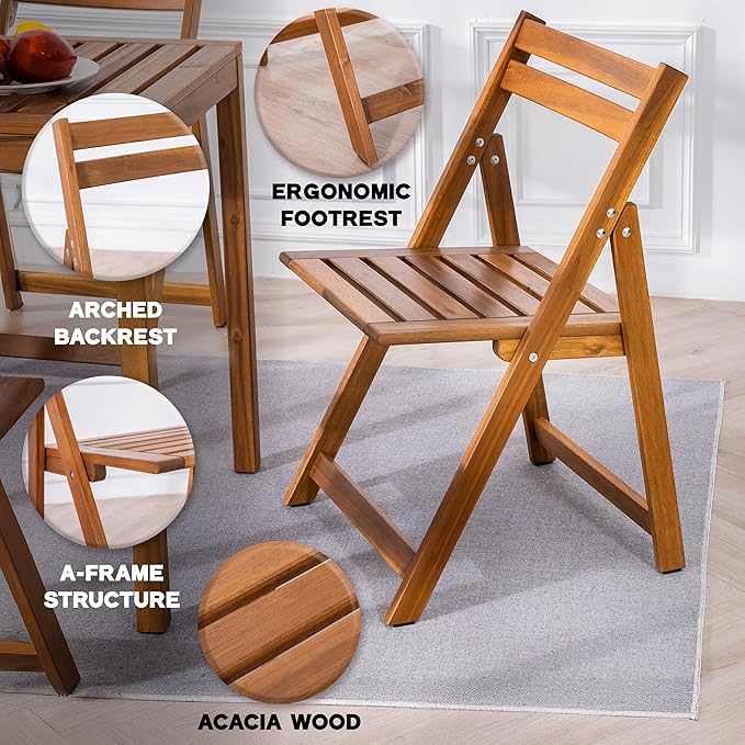 Acacia Wooden Chairs Set of 2, Folding Waterproof Small Patio Chairs with Waterproof and UV Coating, Indoor Outdoor Bistro Set for Garden Balcony Patio Lawn Living Room
