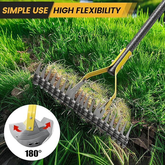 Thatch Rake 5.5FT Heavy Duty Metal Dethatcher Rake with Adjustable Long Handle 19-Tine 15” Wide Lawn Yard Garden Tool for Cleaning Dead Leaf Grass Loosing Soil