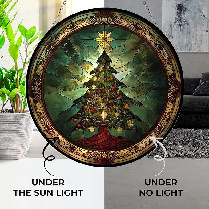 Personalized Magical Christmas Tree Suncatchers for Windows,6.3” Stained Glass Window Hangings,Hand-Painted Glass Panel Perfect for Home Décor
