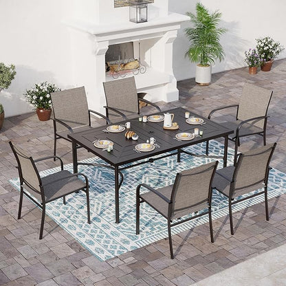 Patio Dining Set for 6, 64" Rectangular Metal Dining Table with Umbrella Hole and 6 Chairs, Outdoor Table and Chairs Set for Lawn Garden Backyard and Deck, Brown