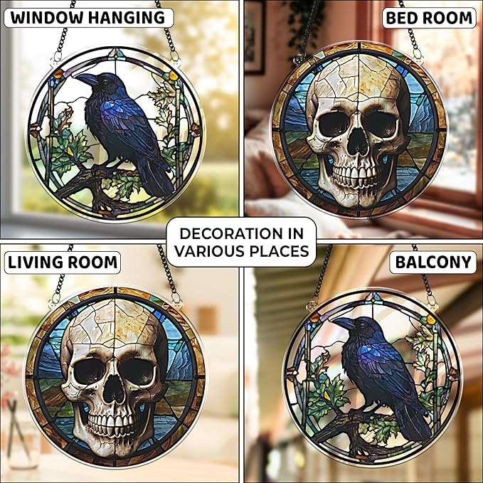 2 Halloween Raven Skull Acrylic for Window Hanging, Art Gothic Decor for Home, Indoor, Garden, Housewarming, Gift for Mom, Grandma, Women, Friend SCB-A6-GT1