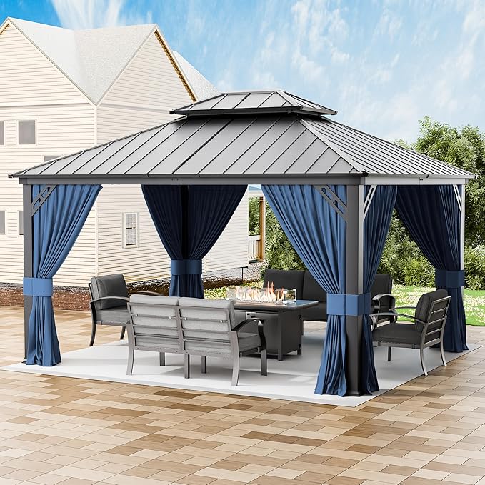12’x14’ Hardtop Gazebo Outdoor Aluminum Frame Permanent Gazebo Galvanized Steel Double Roof Pergola with Nettings and Curtains for Patio, Lawns,Backyard, Deck(Navy)