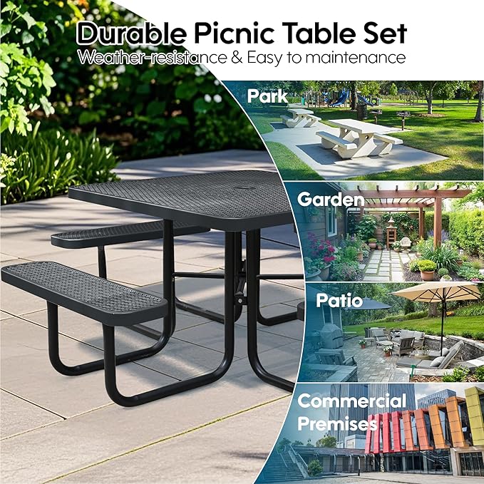 8-Person Picnic Tables for Outdoors, Industrial 46" Expanded Metal Square Picnic Table with 4 Benches & Umbrella Hole, Outside Table and Bench Set for Garden, Backyard, Porch, Patio, Black