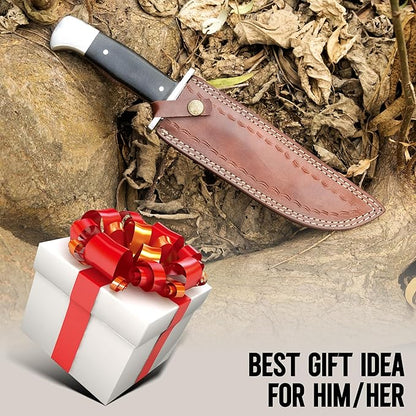 D2 13 Inch Full Tang Fixed Blade Bowie Knife with Leather Sheath - Suitable for Outdoor, Bushcraft, Survival, and Camping Knife with Black Micarta Handle