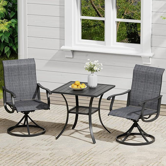 VICLLAX 3 Pieces Outdoor Dining Set, Patio Furniture Set of 2 Patio Swivel Dining Chairs and Small Dining Table with Storage Shelf, Dark Charcoal Chairs & Black Tabletop