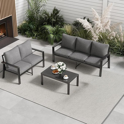 Aluminum Patio Furniture Set with Cushions 3-Piece Outdoor Sectional Metal Conversation Sofa Set with Coffee Table for Garden,Lawn,Backyard,Deck