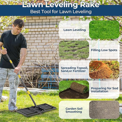 Professional Lawn Leveling Rake 30x10 Heavy Duty - Oversized Leveling Tool with 80" Stainless Steel Handle, Foldable Landscape Grading Rake for Soil Sand Topdressing & Seeding