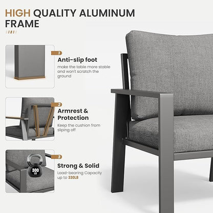 Aluminum Patio Furniture Set with Cushions 3-Piece Outdoor Sectional Metal Conversation Sofa Set with Coffee Table for Garden,Lawn,Backyard,Deck