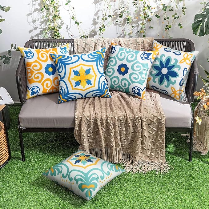 Outdoor Waterproof Throw Pillow Covers Set of 4 Floral Printed and Boho Farmhouse Outdoor Pillow Covers for Patio Funiture Garden 18x18 Inch Blue