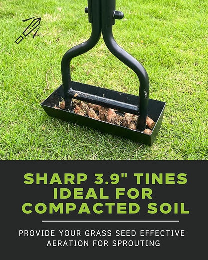 Lawn Aerator Coring Tool with Soil Core Tray, Manual Garden Plug Aerator for Grass Aeration, Yard Aerator & A Cleaning Tool for Compacted Soil, Lawn Care, 38”,Patented, Black Handle