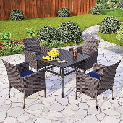 PHI VILLA 5 Piece Patio Dining Set for 4, 37" Square Metal Dining Table with Umbrella Hole & 4 Cushioned Rattan Chairs for Outdoor, Deck, Yard, Porch