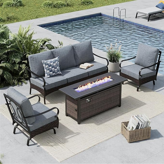 MFSTUDIO 4 Pieces Outdoor Patio Furniture Set, Metal Outdoor Conversation Set, Rattan Wicker Patio Sectional Set with 2 x Rocking Single Sofa, 3-Seat Sofa, 1 x Fire Pit Table, Grey