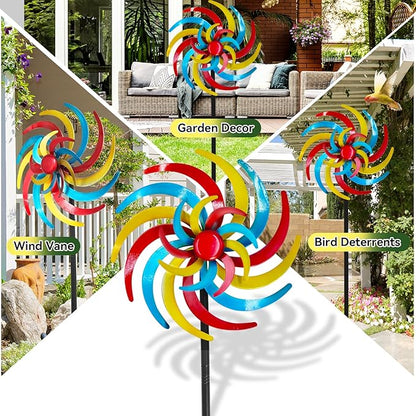 Colorful Kinetic Wind Spinner for Outdoor 13" W Metal Windmill Wind Sculptures with 5 Prong Stake, Easy to Rotate Metal Yard Art for Garden Patio Lawn Backyard Decor