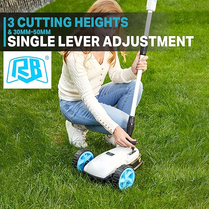 RB 9" Small Lawn Mower for Small Spaces, 40V 2Ah Battery & Charger, Ultra-Light Mini Cordless Lawn Mower with Brushless Motor, 3 Cutting Heights, One-Hand Steering, Upright Storage for Tiny Yards