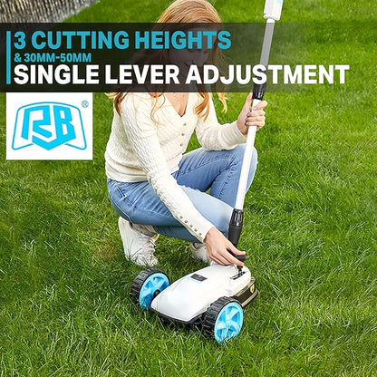 RB 9" Small Lawn Mower for Small Spaces, 40V 2Ah Battery & Charger, Ultra-Light Mini Cordless Lawn Mower with Brushless Motor, 3 Cutting Heights, One-Hand Steering, Upright Storage for Tiny Yards