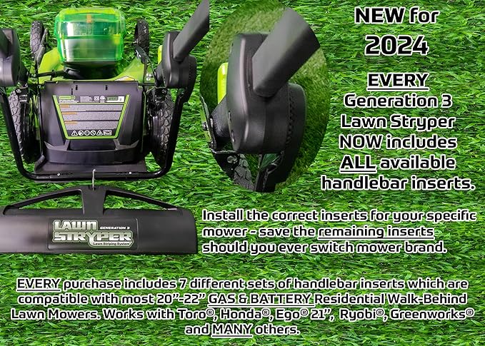 Lawn Striping System – UNIVERSAL FIT - Works with Most 20”-22” Gas & Battery Residential Walk-Behind Mowers (Mounting Brackets for over 40 Major Brands Included in Box – See List Below)