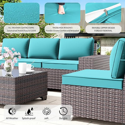 Patio Furniture Set with Propane Fire Pit, 7-Piece Outdoor Sectional Sofa Conversation Set w/ETL Approved 43" Gas Fire Table & Coffee Table - Turquoise