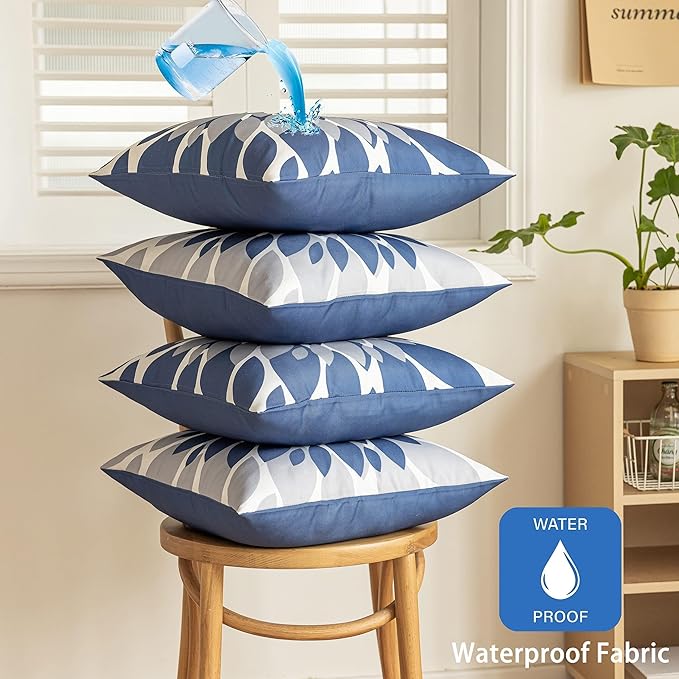 Qahing Pack of 4 Outdoor Waterproof Pillow Covers 20x20 Decorative Outdoor Throw Pillows Garden Square Cases for Patio Furniture, Couch, Tent Sunbrella, Bench, Blue Grey