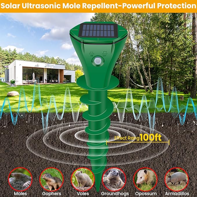Mole Repellent Solar Powered Ultrasonic,4 Pack Gopher Repellent Outdoor for Lawn Garden Yard,Waterproof Mole Killer Traps,Sonic Spikes Get Rid of All Pests Gopher Vole Groundhog Chipmunk Snake-Green