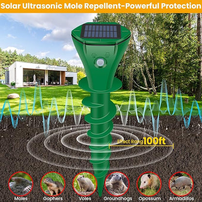 Mole Repellent Solar Powered Ultrasonic,6 Pack Gopher Repellent Outdoor for Lawn Garden Yard,Waterproof Mole Killer Traps,Sonic Spikes Get Rid of All Pests Gopher Vole Groundhog Chipmunk Snake-Green