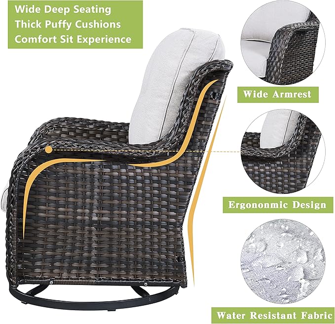 Rilyson 6 Piece Outdoor Patio Furniture Set - Rattan Wicker Patio Conversation Sets with 2 Swivel Rocker Chairs,2 Ottomans,1 Sofa and 1 Coffee Table for Outside Porch Deck Backyard(Brown/Beige)