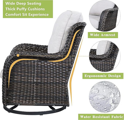 Outdoor Wicker Patio Furniture Set - 5 Piece Rattan Patio Conversation Set with 2 Rocking Swivel Chairs,2 Ottomans and 1 Sofa for Porch Deck Backyard Garden(Brown/Beige)