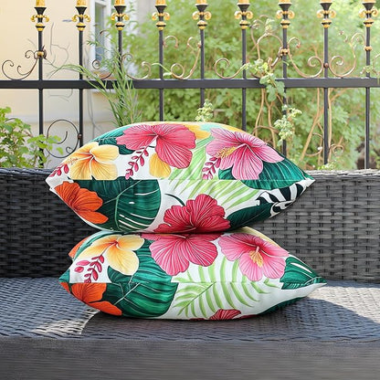 Outdoor Pillow Covers 18x18 Inch Set of 2 Tropical Floral Plants Boho Throw Pillows Cases Waterproof Square Garden Cushion Sham for Patio Funiture Balcony Bench Sofa Couch, Yellow & Red