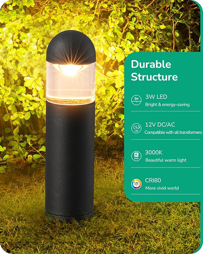 EDISHINE Low Voltage Landscape Lighting, 12V 3W 3000K Warm White, Electric Outdoor Bollard Lights with Connectors, Waterproof LED Pathway Driveway Walkway Lights Wired for Yard Garden
