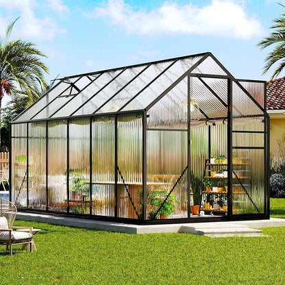 Amerlife 6x12x6.3 FT Ft Polycarbonate Greenhouse for Outdoors, Walk-in Design with Aluminum Frame, 2 Windows and Swing Door, Heavy-Duty Greenhouse Construction for Garden, Black