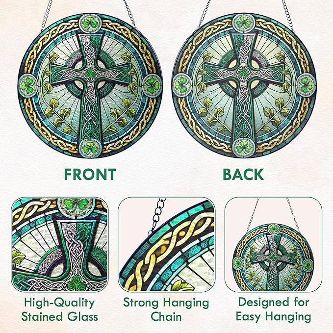 FLAGWIX Christmas Irish Gifts for Women Men - 100% Stained Glass Hanging Suncatcher 8 in - Birthday Christmas Irish Decorations for Family Friends, Celtic Cross Home Decor, St Patricks Day Decorations