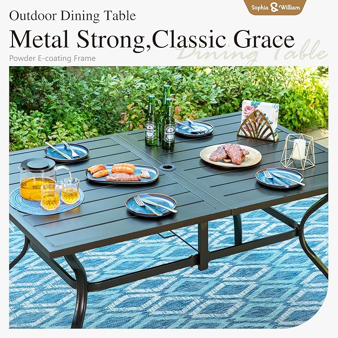 Sophia & William Patio Dining Set Metal Outdoor Table and Chairs Furniture Set 7 Piece, Large 60.2" Dining Table with Umbrella Hole and 6 Backyard Garden Chairs Support 300LBS for Deck, Lawn, Garden