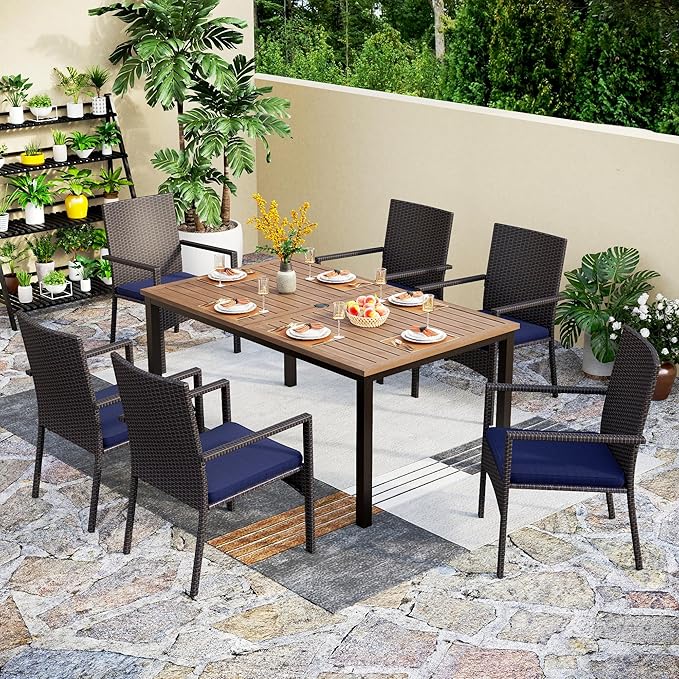 PHI VILLA 7 Pieces Outdoor Dining Set for 6, 65” Wood-Like Metal Rectangle Dining Table & Rattan Wicker Chairs with Cushions, Large Dining Furniture Set for Patio, Deck, Porch, Yard