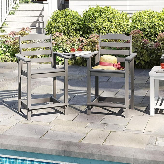 OTSUN Tall Adirondack Chairs Set of 4 with Connecting Tray, 24 inches HDPE Bar Height Outdoor Chairs, All Weather Resistant for Balcony, Porch, Kitchen (4 PCS, Grey)