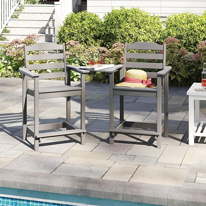 OTSUN 24 Inch HDPE Counter Height Outdoor Chair Set of 2 with Connecting Tray, All Weather Resistant Tall Adirondack Chairs for Balcony, Porch, Kitchen (2 PCS, Grey)