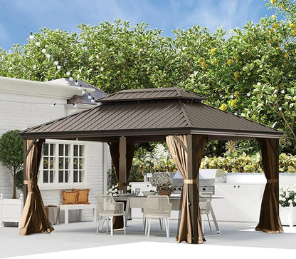 Domi 10'x14' Hardtop Gazebo withGutters, Outdoor Aluminum Frame Canopywith Galvanized Steel Double Roof,Outdoor Permanent Metal Pavilion withCurtains and Netting for Patio, Backyardand Lawn Brown