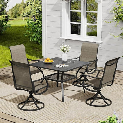 VICLLAX 5 Pieces Outdoor Dining Set, Patio Furniture Set of 4 Patio Swivel Dining Chairs and Square Patio Table with Storage Shelf, Mixed Brown Chairs & Black Tabletop