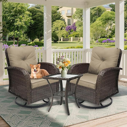 3 Pieces Patio Furniture Set, Outdoor Swivel Rocking Chair Set of 2 with Side Table - 360° Swivel, Thick Cushions, All-Weather Bistro Set for Deck, Porch, Pool(Brown, Brown Full-Weave Rattan)
