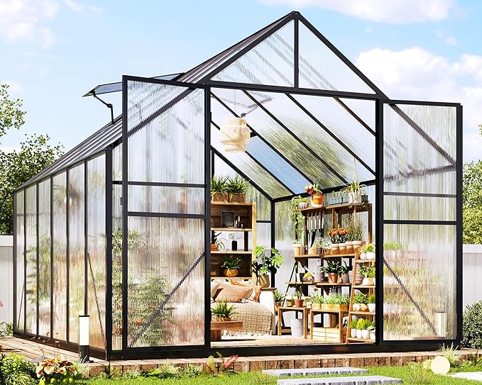 Jocisland 8x11.5x7 FT Polycarbonate Greenhouses for Outdoors, 2 Top-Opening Windows, 2 Swing Doors, Aluminum Walk-in Heavy Duty for Outdoor Use, Backyard Garden, Black